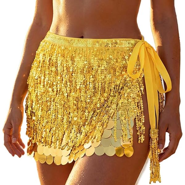 Sequin Tassel Skirt Belly Dance Hip Scarf Wrap Sparkly Tinsel Fringe Skirt Rave Festival Outfit Halloween Costume For Women Glitter Hannah Montana Preppy Cowgirl Disco Sequence Shimmer Cloth Red 110