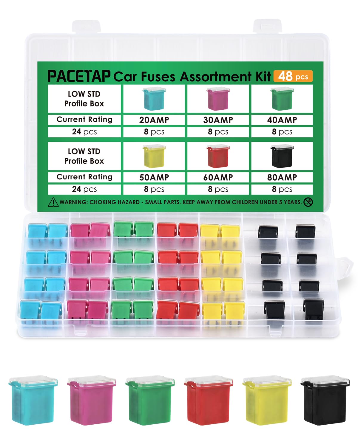 Photo 1 of 48Pcs Low Profile Assortment Kit - Car Blade Fuses Low Profile Box Shaped Fuses (20A, 30A, 40A, 50A, 60A, 80A) for Trucks, Cars and SUV, Boat