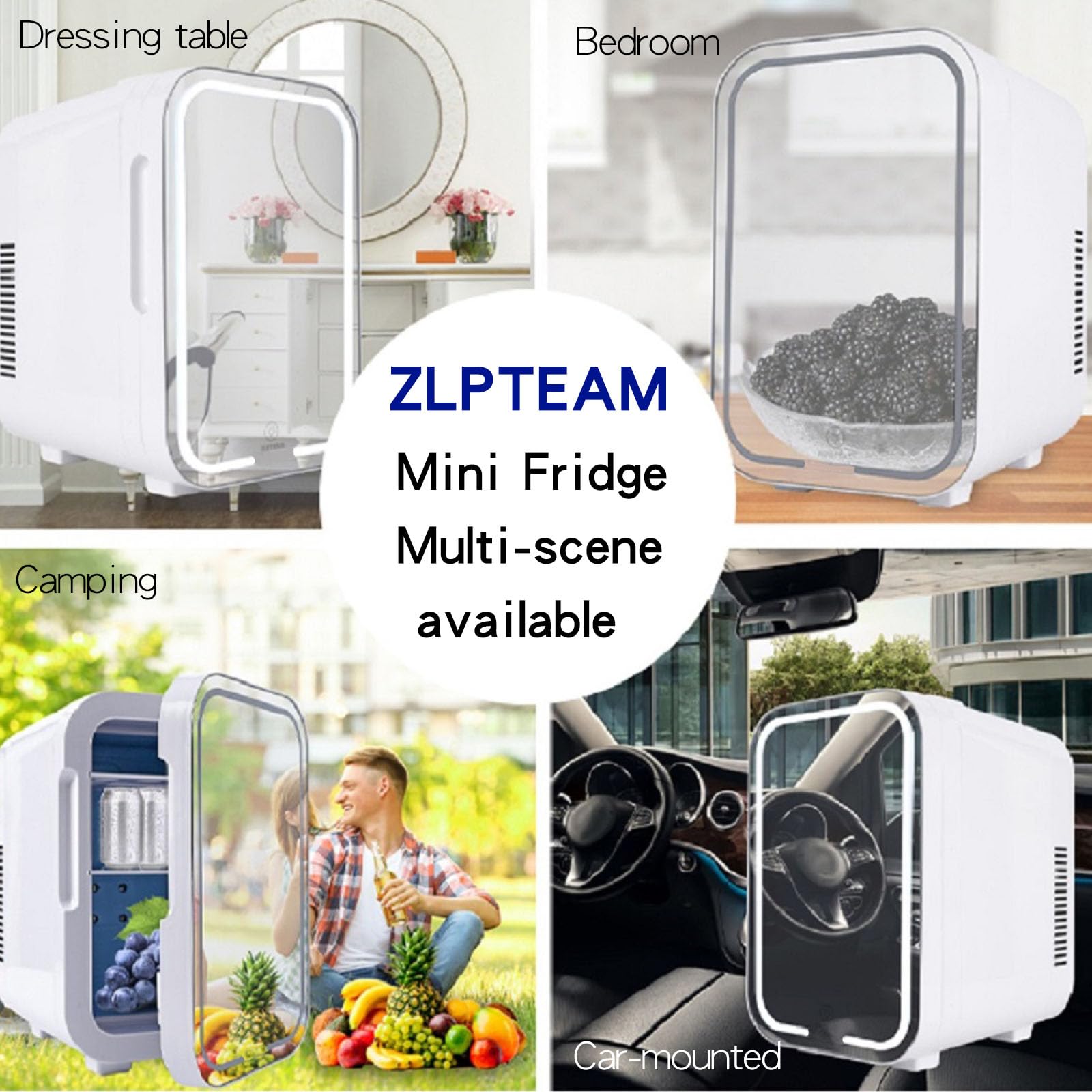 ZLPTEAM Mini Fridge with Mirror Door & Adjustable LED Lights - 8L Cosmetic Skincare Fridge for Bedroom,Dorm,Mini Car Refrigerator Portable Quiet Cooling,Gift for Women