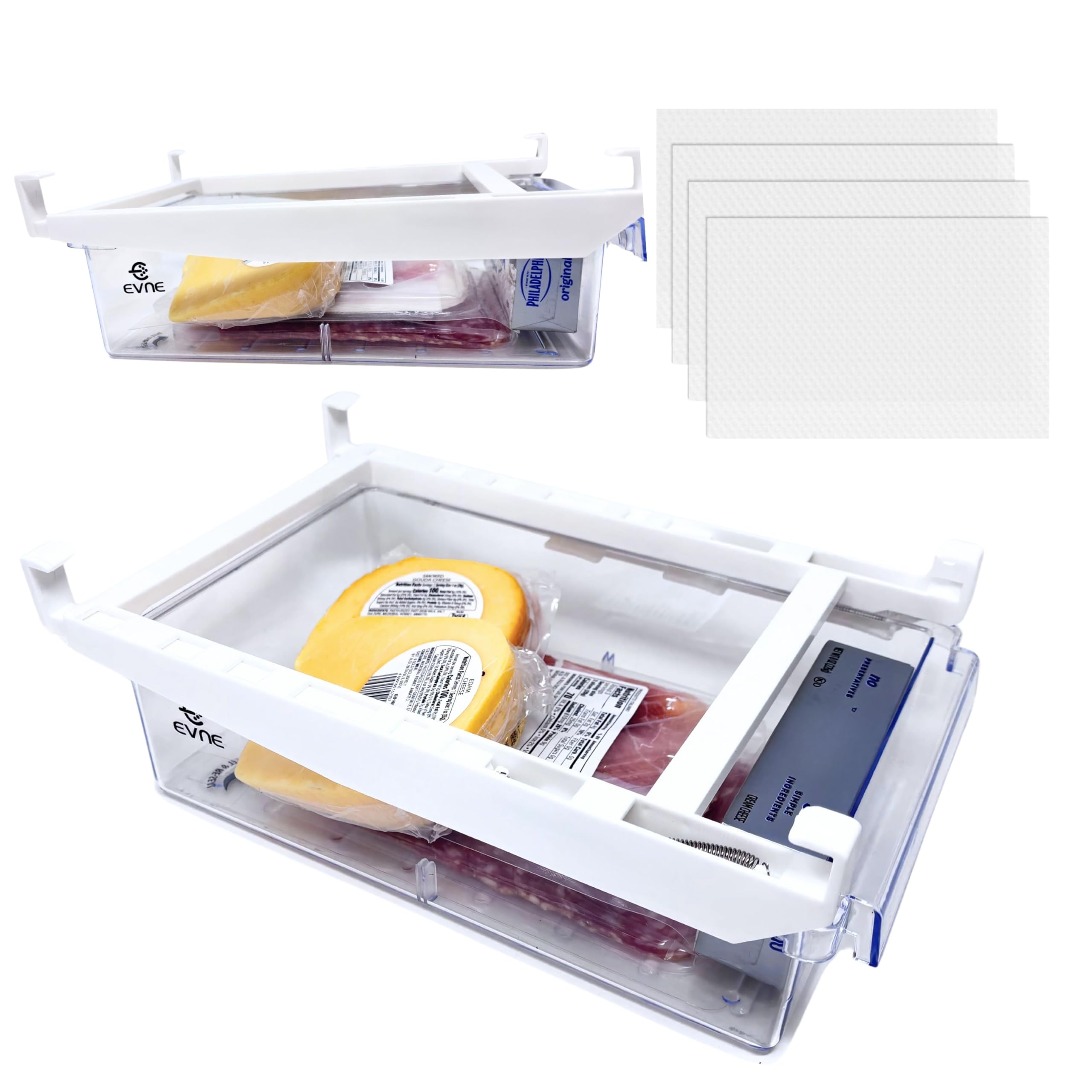 Photo 1 of EVNE Refrigerator Drawers Fridge Drawer Organizer Fridge Organizer Drawers Small Size Refrigerator Shelf Pull Out Shelf Storage, Storage Egg Deli Cheese Meat 4 Liners Mats Included 15'' Max Size