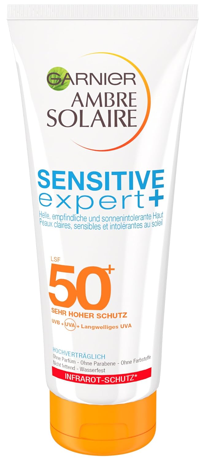 Garnier Ambre Solaire Sensitive expert+ Milch LSF 50+, Sonnenschutz mit Hohem Schutz für Strand, Sonnencreme 50, 200 ml