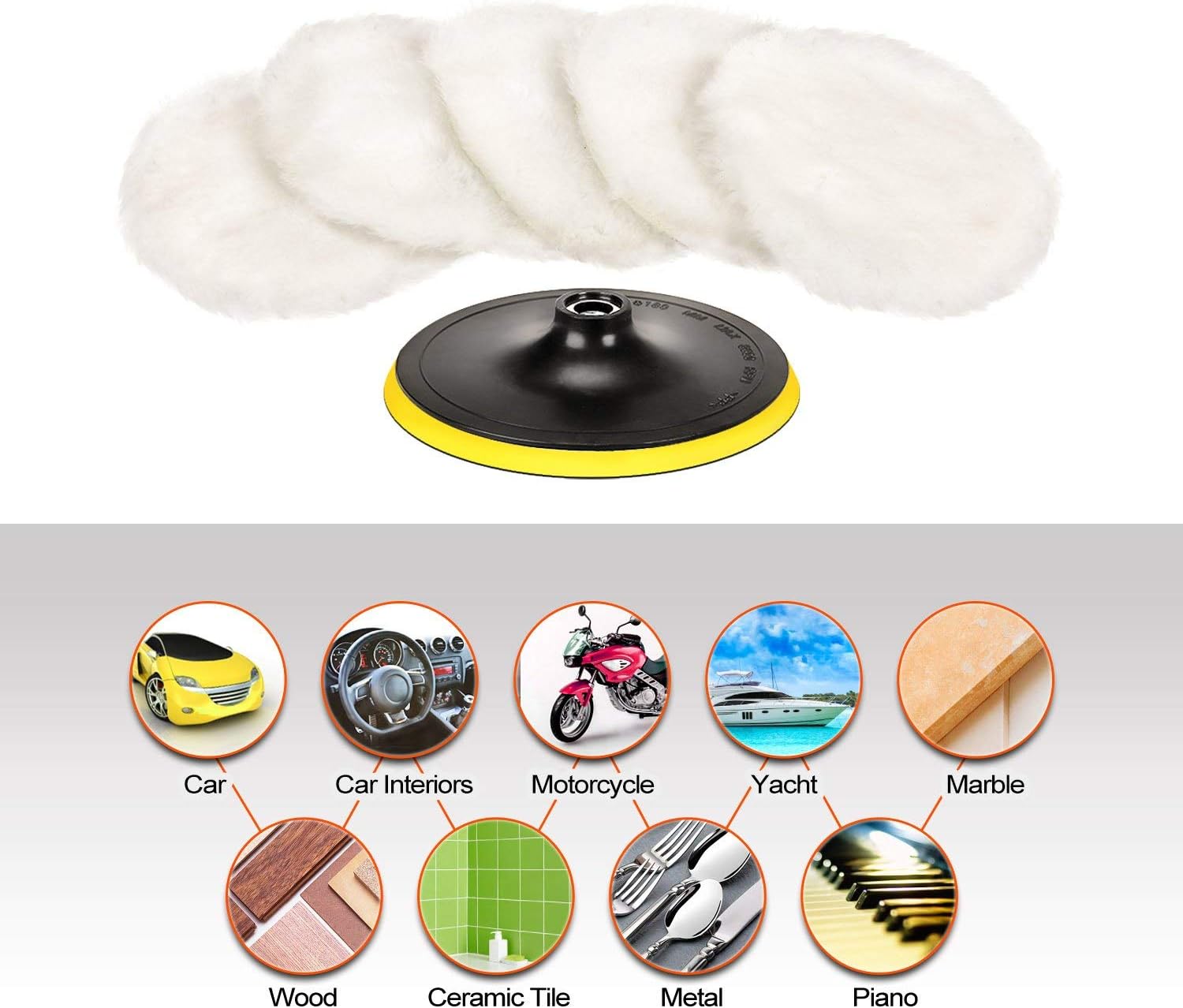 SPTA 6 Pcs 6 Inch Polishing Buffer Wool and Wheel Polishing Pad Woolen Polishing Waxing Pads Kits with Backing Plate for Car Polisher: Automotive