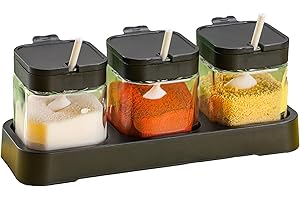 WANYISHUN Condiment Jar Spice Container with Lids and Spoons, Kitchen Spice Pot Set of 3, 11oz Clear Glass Condiment Pot with Tray, Kitchen Salt Pepper Sugar Storage Container Jar (black, 300ml)