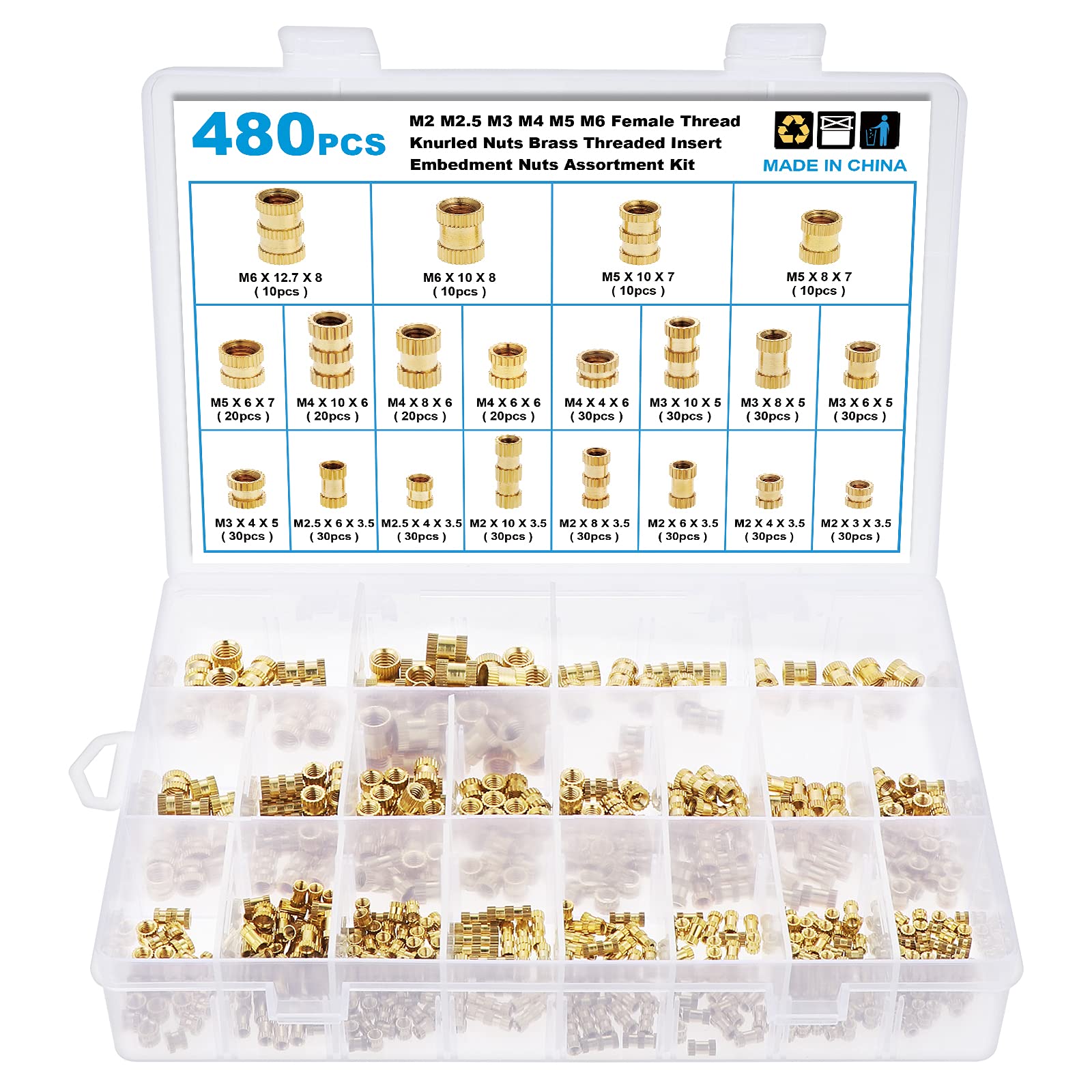 Gueenky 480PCS Threaded Inserts 3D Printer, M2 M2.5 M3 M4 M5 M6 Threaded Knurled Inserts Threaded Brass Inserts Heat for 3D Printer Plastic Parts — image 1