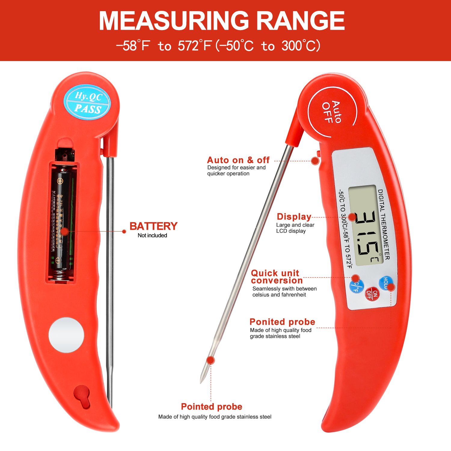 Meat Thermometer,BBQ Thermometer Digital Meat Thermometer Cooking Thermometer Instant Read Thermometer Food Thermometer Kitchen Thermometer for BBQ Grill Smorker Food Meat Milk Tea etc (Red)