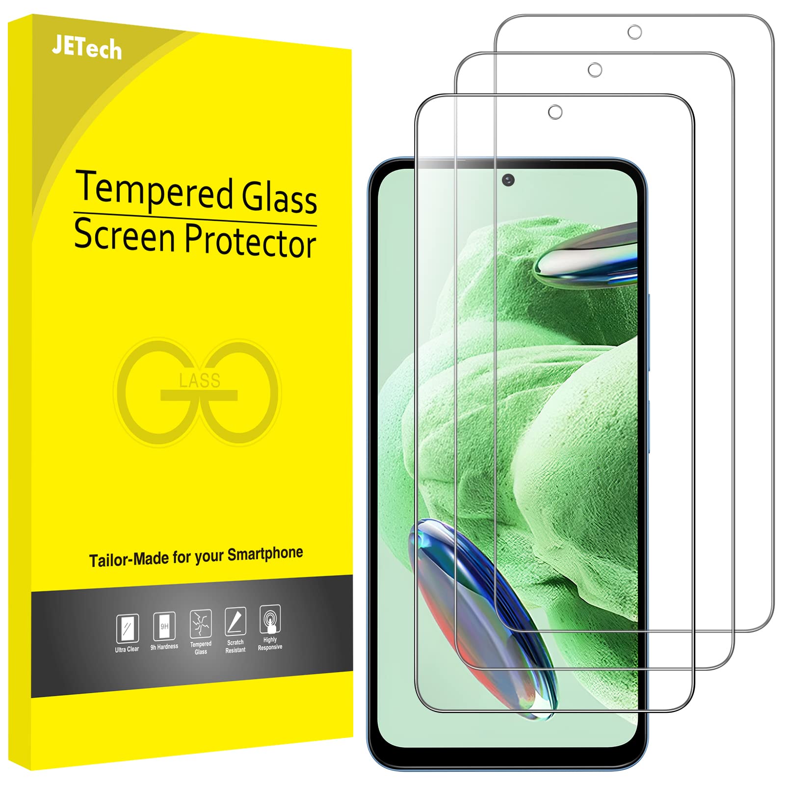 JETech Screen Protector for Xiaomi Redmi Note 12 4G/5G, 9H Tempered Glass Film, Anti-Scratch, HD Clear, 3-Pack