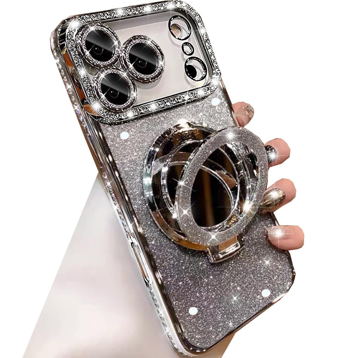 Changjia Magnetic Kickstand Glitter Case for iPhone 17 Pro Max,[Compatible with Magsafe] Cute Bling Sparkly Rhinestone with Camera Protector Makeup Mirror Women Girls Case for iPhone 17 Pro Max,Silver