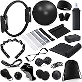 Halloscume 24 Pcs Home Pilates Essentials Kit for Women, Pilates Equipment Ring and Ball Set with Stretching Strap, Water Bottle, Magic Circle, Yoga Ring, Gym Bag, Resistance Band, Anti Slip Socks