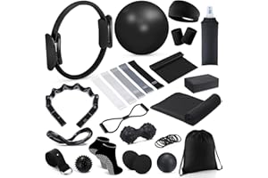 Halloscume 24 Pcs Home Pilates Essentials Kit for Women, Pilates Equipment Ring and Ball Set with Stretching Strap, Water Bottle, Magic Circle, Yoga Ring, Gym Bag, Resistance Band, Anti Slip Socks
