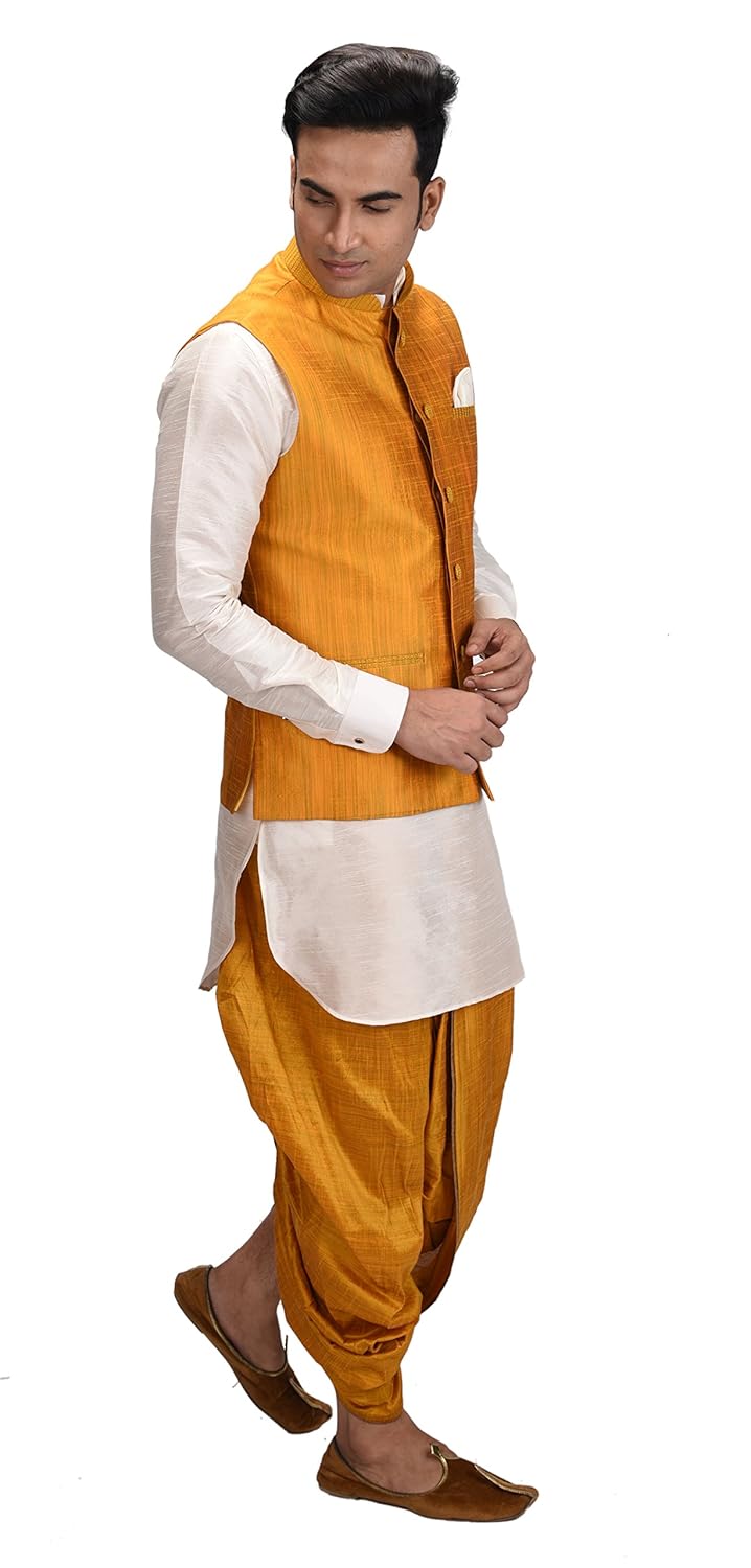 deyann yellow nehru jacket and kurta dhoti set