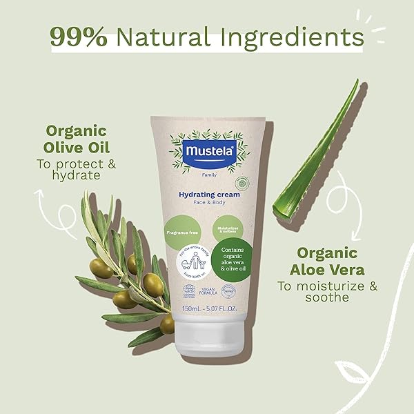 MUSTELA CERTIFIED ORGANIC HYDRATING CREAM – NATURAL BODY LOTION W/OLIVE OIL, ALOE VERA & SUNFLOWER OIL – FOR BABY, KID & ADULT – FRAGRANCE FREE, EWG VERIFIED & VEGAN – 5.07 OZ. – PACKAGING MAY VARY