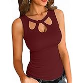 VICHYIE Women Tank Tops Summer Sexy Cut Out Floral Shape Neck Slim Fitted Cami Shirt Ribbed Sleeveless Hollow Out Top