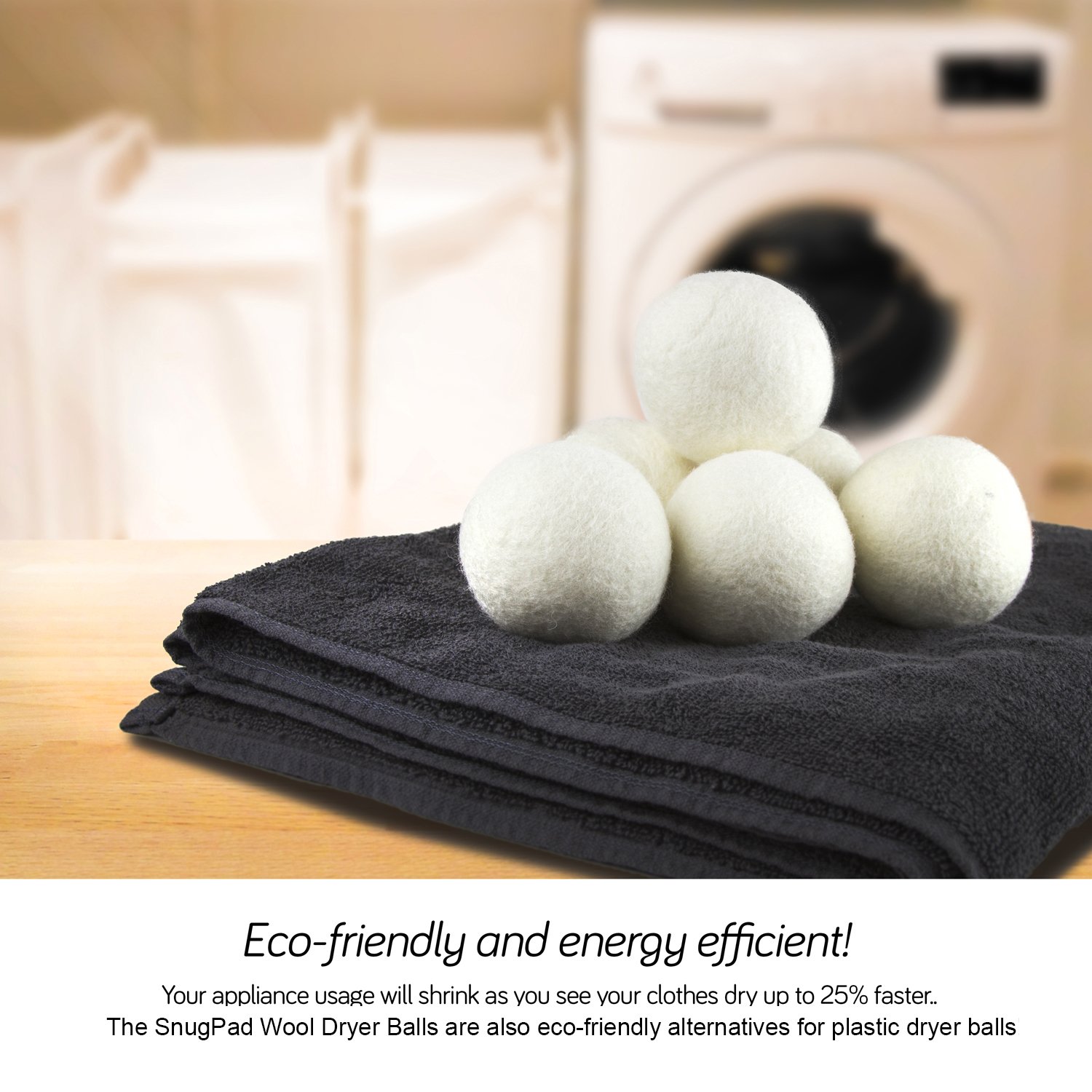 SnugPad Wool Dryer Balls XL Size 6 Pack, Natural Fabric Softener 100% Organic Premium New Zealand Wool, Chemical Free and Reduces Wrinkles, 1000+ Loads, Baby Safe, Saving Energy & Time, White 6 Count