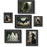 6 Pcs Spooky Halloween Unframed Wall Art Prints Horror Canvas Posters | Scary Headless Horseman Witch Ghost Black Cat Bat Pumpkin Pictures Wall Decor, Gothic Dark Academia Room Decor Aesthetic