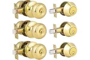 HOME IMPROVEMENT DIRECT 3 Pack Keyed Alike Entry Door Knob and Single Cylinder Deadbolt Lock Combo Set, Front Door Entry Knobs Lockset and Deadbolt Combination Set, Keyed Entry Knobset with Same Keys, Polished Brass