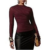 Milumia Women's Long Sleeve Mesh Top Mock Neck Ruched Fitted Tops Going Out Shirts