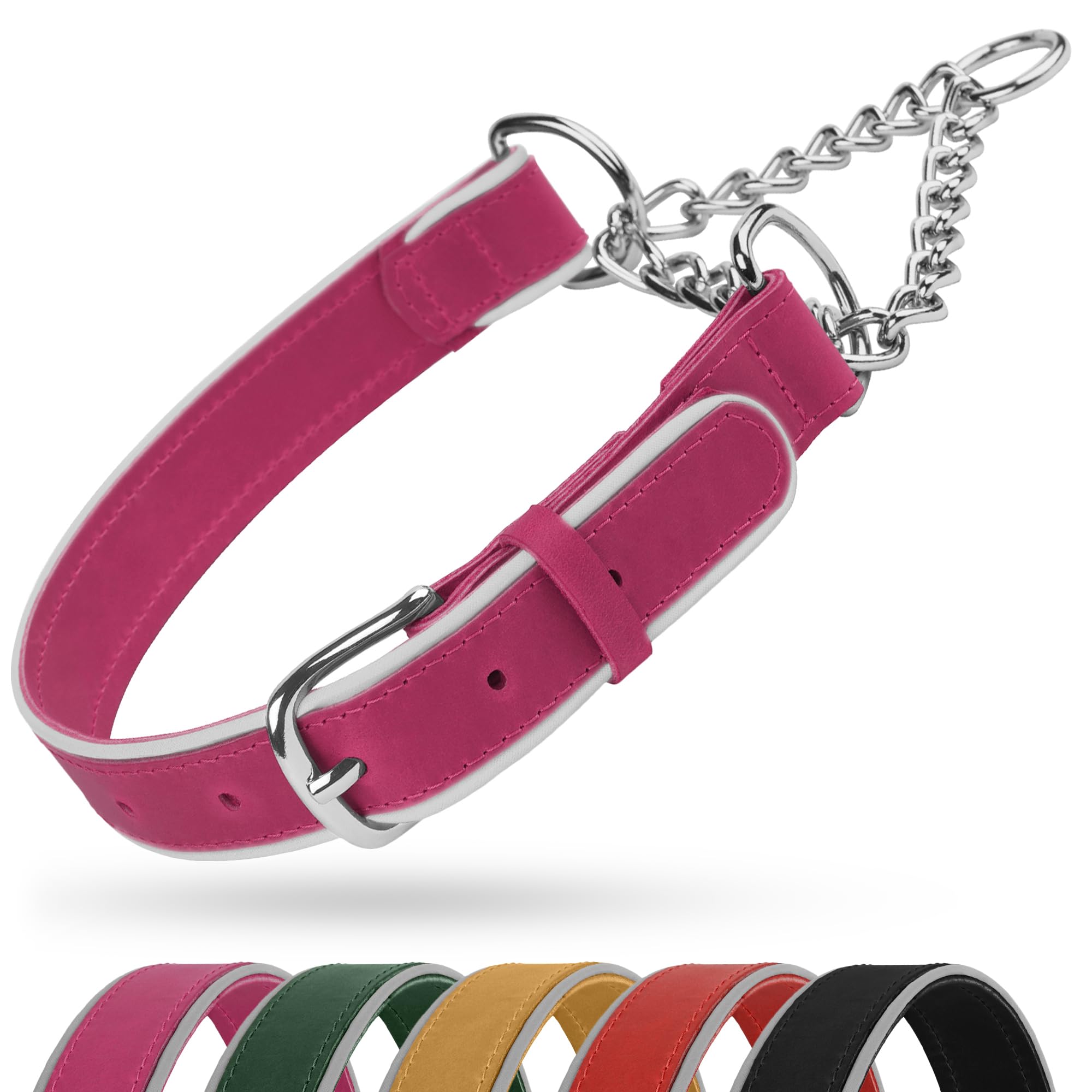 OOPSDOGGY Reflective Leather Martingale Dog Collar - Adjustable No Pull Stainless Steel Chain Training Collar for Small Medium Large Dogs Puppy (Pink, Small, 12"-15.5") โ image 1