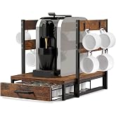 Evermagin K Cup Holder, Coffee Pod Holder Compatible with Keurig | K cup organizer for 35 Pods, Coffee Station Organizer for Countertop with 8 Mug Hooks, Easy Assembly, Rustic Brown