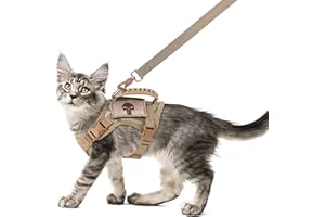 SALFSE Tactical Cat Harness and Leash Set for Walking Escape Proof, Adjustable Large Cat Vest Harness with Molle Patches, Soft Mesh Padding, Rubber Handle Easy to Control (Large, Beige)