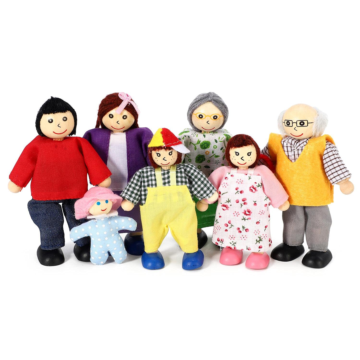 SOKA Set of 7 Happy Family Set Wooden Miniature Figures Dolls Play Set Accessories Dollhouse Pretend Role Play Toy Set For Children Kids Girls Boys 3 year old +