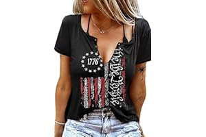 MHTOR We The People 1776 T Shirt American Flag Patriotic Tee Tops for Women 4th of July Ring Hole Short Sleeve Sexy V-Neck Tshirt