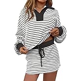 Fisoew Womens Striped 2 Piece Outfits Casual Sweatshirt Skirt Set Long Sleeve Skort Workout Set Matching Lounge Sets