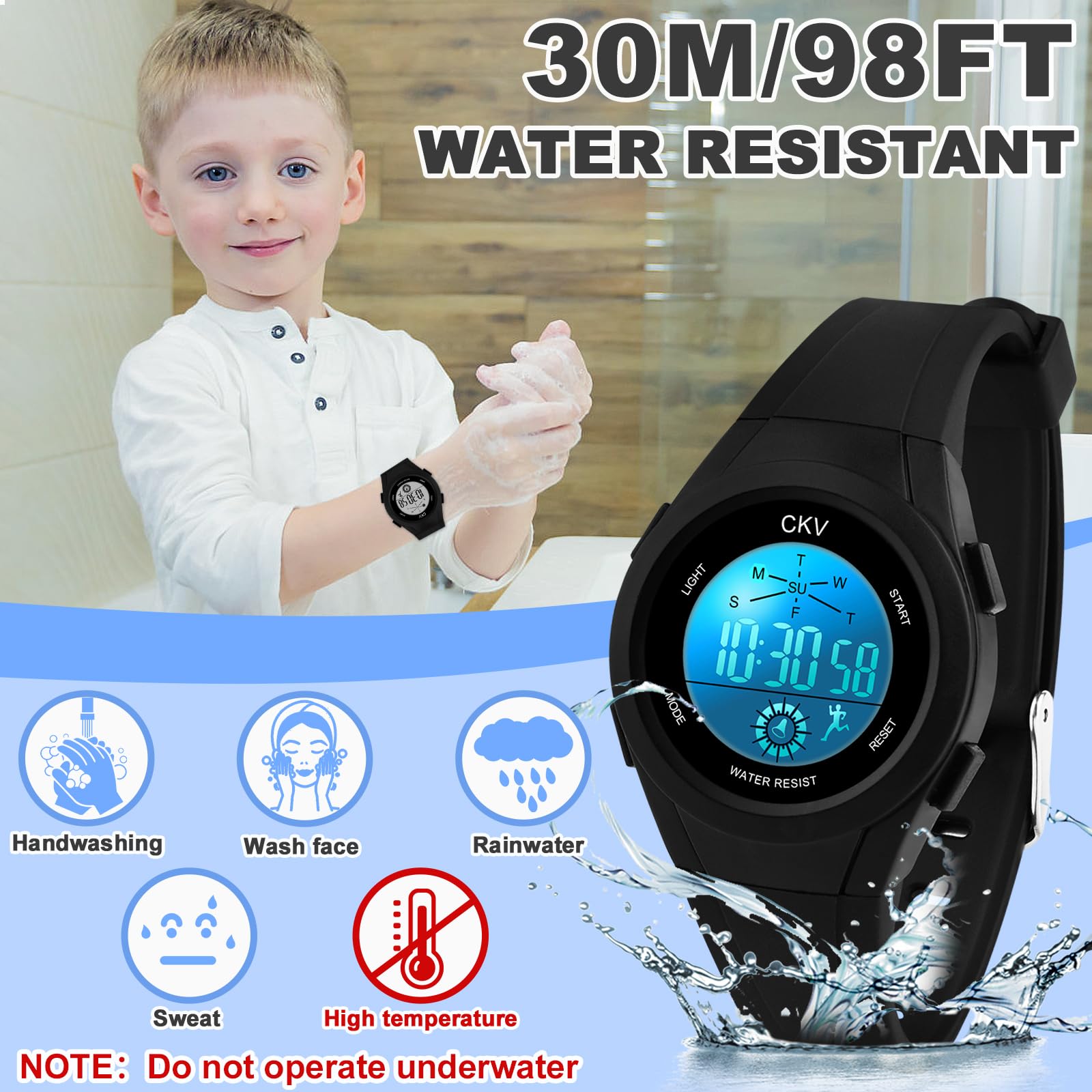CKV Kids Digital Watch for Girls Boys with 7 Colors LED Lights 30 M Waterproof Children's Outdoor Wristwatch with Alarm and Stopwatch