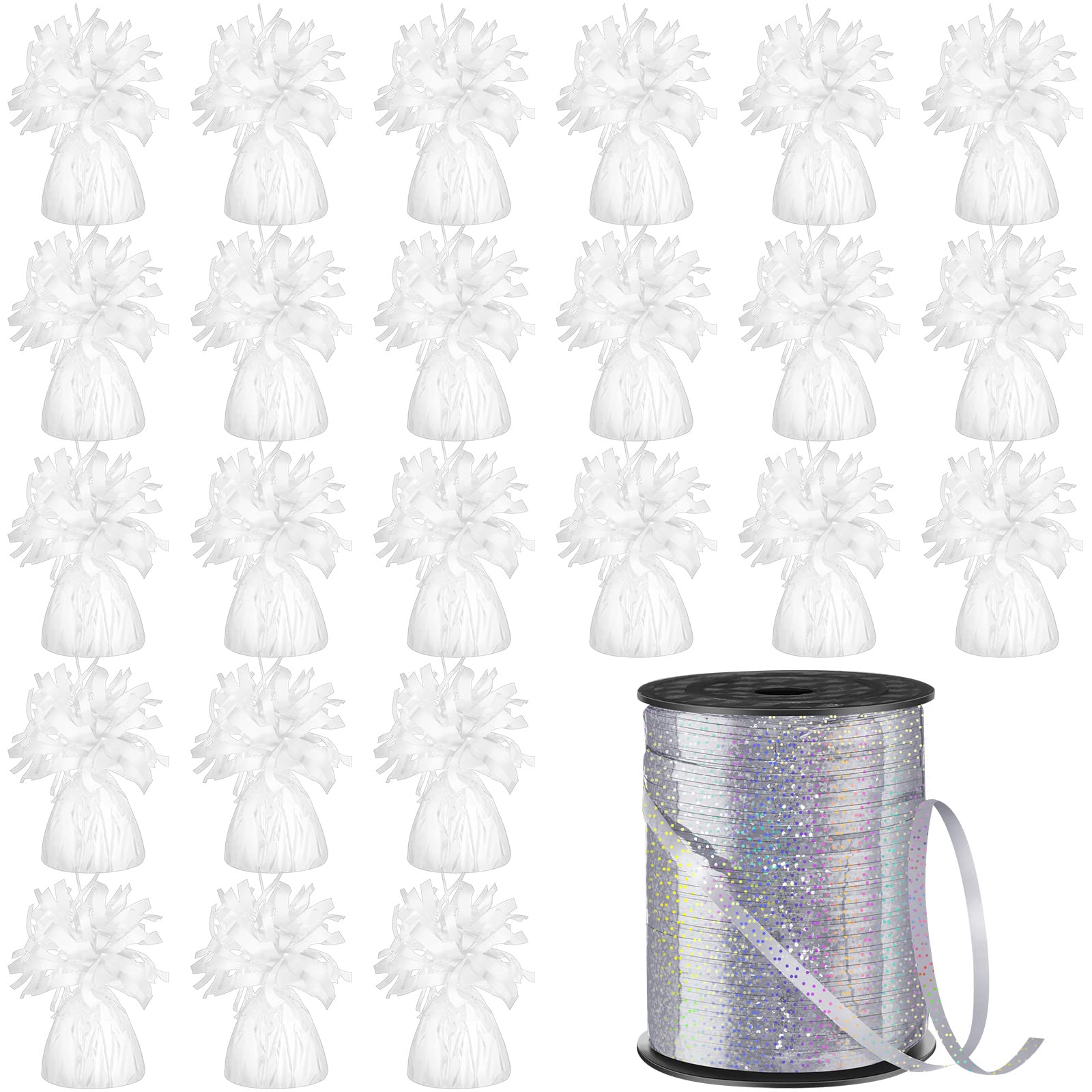 Photo 1 of Yunsailing 24 Pcs Balloon Weights Metallic Anchor Balloon Holder for Helium Balloons Heavy Table Weights and 1 Roll Iridescent Crimped Ribbon for Birthday Wedding Baby Shower Party(Silver, White)