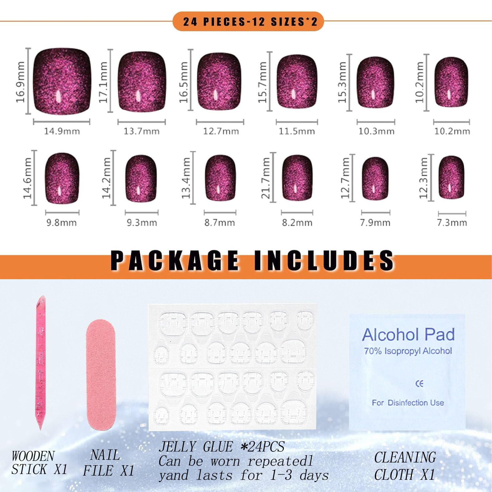 Press on Nails Short Square MAOTTIE Purple Discoloration Cat Eye False Nails UV Finish Fake Nails Gel Glitter Reusable Glue on Nails Short for Women 12 Size-24 Pcs - Image 4