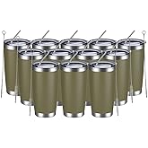 MEWAY 20oz Tumbler 12 Pack Double Wall Vacuum Insulated Travel Mug Bulk, Stainless Steel Tumblers with Lid and Straw, Durable Powder Coated Coffee Cups for Cold & Hot Drinks (Army Green, 12)