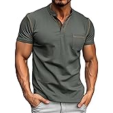Donason Mens Henley Shirts Short Sleeve Summer Tops, Men's Casual Classic Tees Cotton T Shirt with Front Pocket for Men