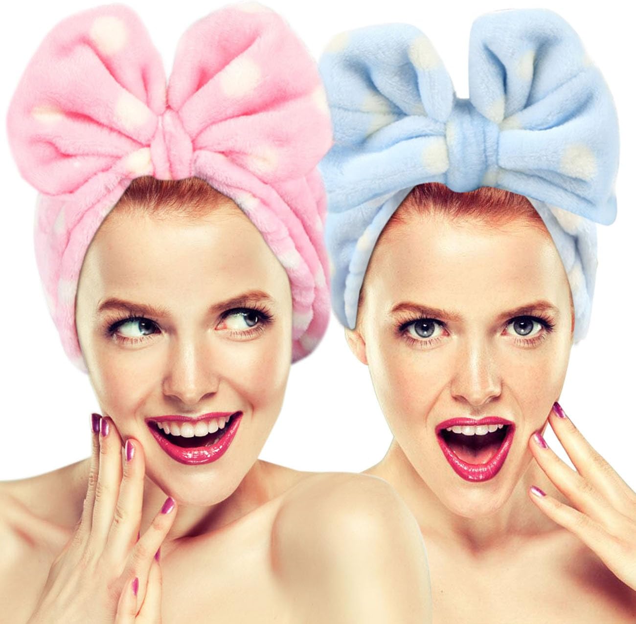 2 Pack Hairizone Cute Stretchy Bow Knot Wash Face Headbands, Lovely Towel hair band for Make-up, Shower, Spa, Massage and Sporting (Pink/Blue)