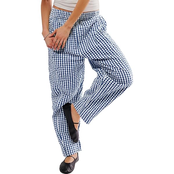 Ogfao Women's Plaid Lounge Pant Gingham Pajamas Elastic Waist Mid