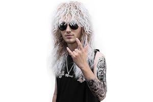 MUPUL Men and Women Long Curly Brown Gradient White Wig 70s 80s Rocker Mullet Party Funny Wig Costume Wig