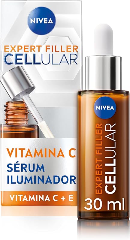 Nivea Expert Filler Cellular Brightening Facial Serum Vitamin C (1 x 30 ml), Vitamin C e Vitamin E sérum, sérum facial antioxidante que aumenta o brilho