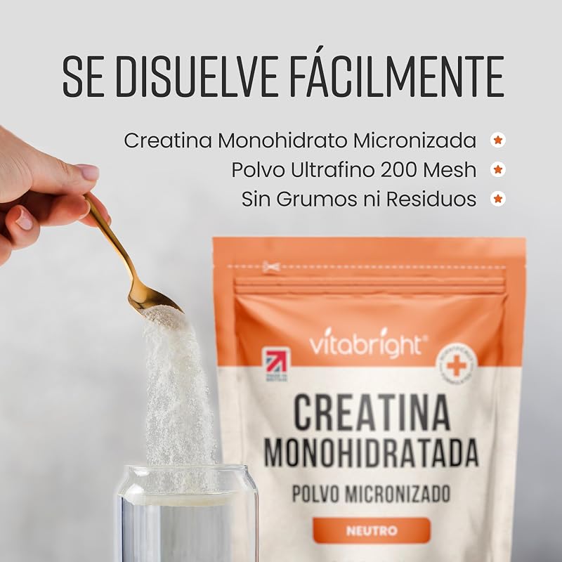 Creatina Monohidratada en Polvo Micronizado | Bolsa de 400 g | 114 Raciones | Creatina Monohidrato Polvo Ultrafino 200 Mesh de Fácil Disolución (No en Gominolas) | Vegana | Vitabright Creatine