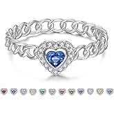 Heart Birthstone Cuban Link Rings for Women Teens - S925 Sterling Silver Chain Ring Size 4-10 for Sister Daughter Friends, Christmas Anniversary Birthday Dainty Gifts Jewelry for Loved One