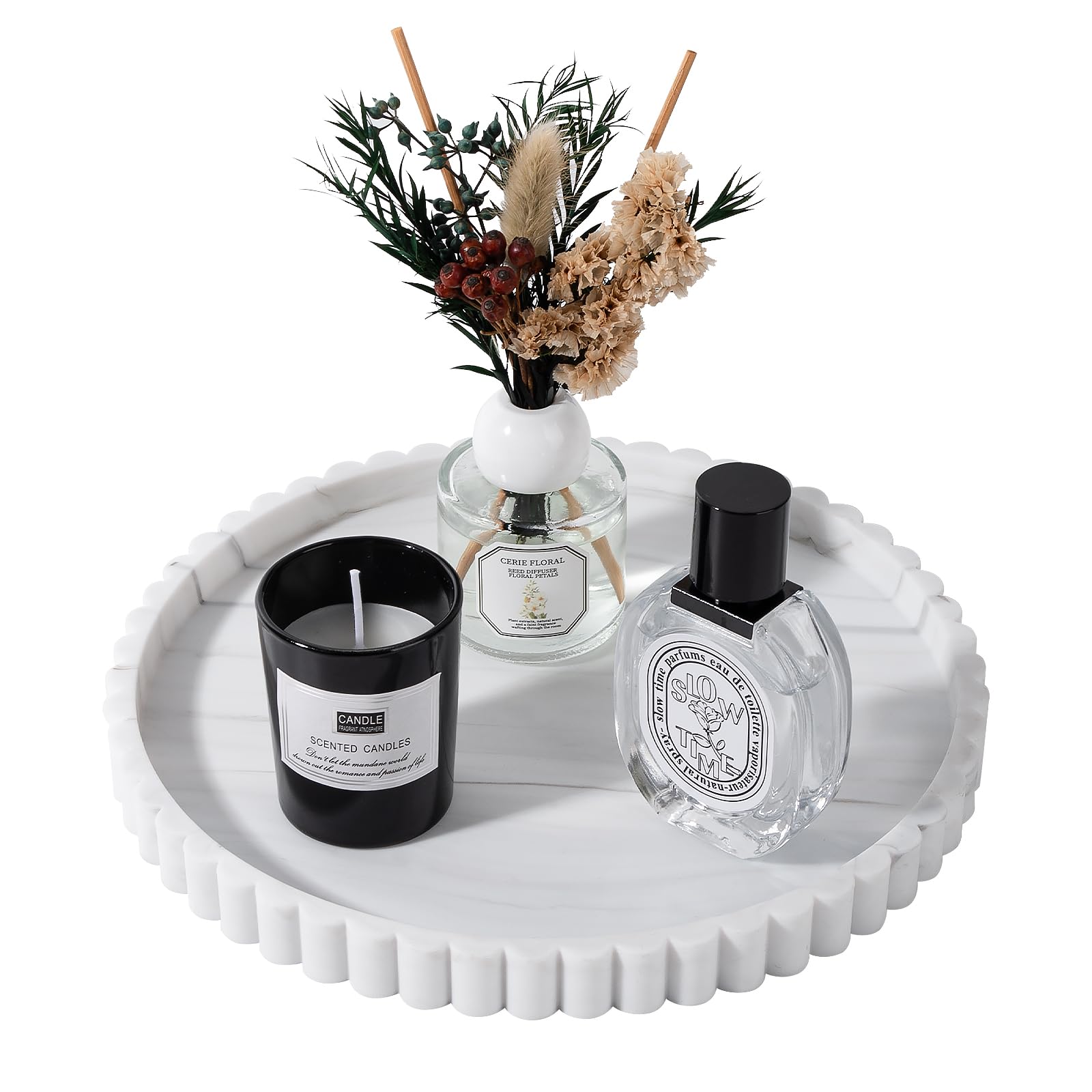 Round Bathroom Tray Silicone Kitchen Counter Decor Vanity Organizer Decorative Coffee Table Tray for Perfume, Candle, Soap Dish, 9 Inch, Marble