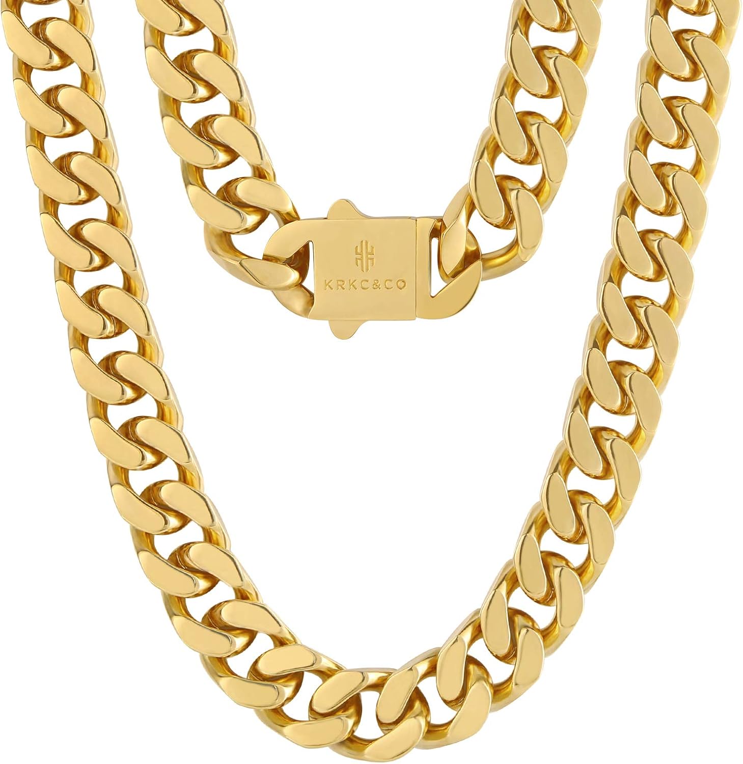 KRKC&CO 14mm Cuban Link Chain Flat Chains, 18K Gold Plated Men’s