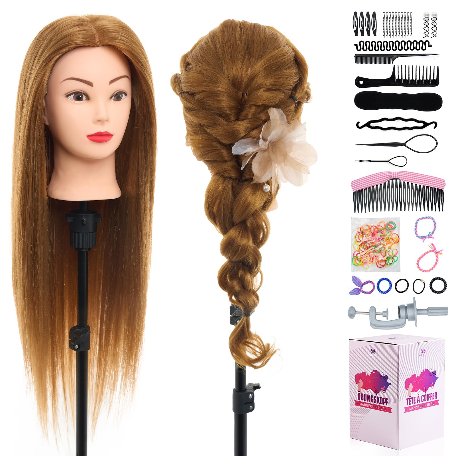 Styling Head Neverland Beauty 24 Inch 80% Real Human Hair Hairdressing Training Head Practice Mannequin Head With Free Clamp + Hair Styling Braid Set(Brown)
