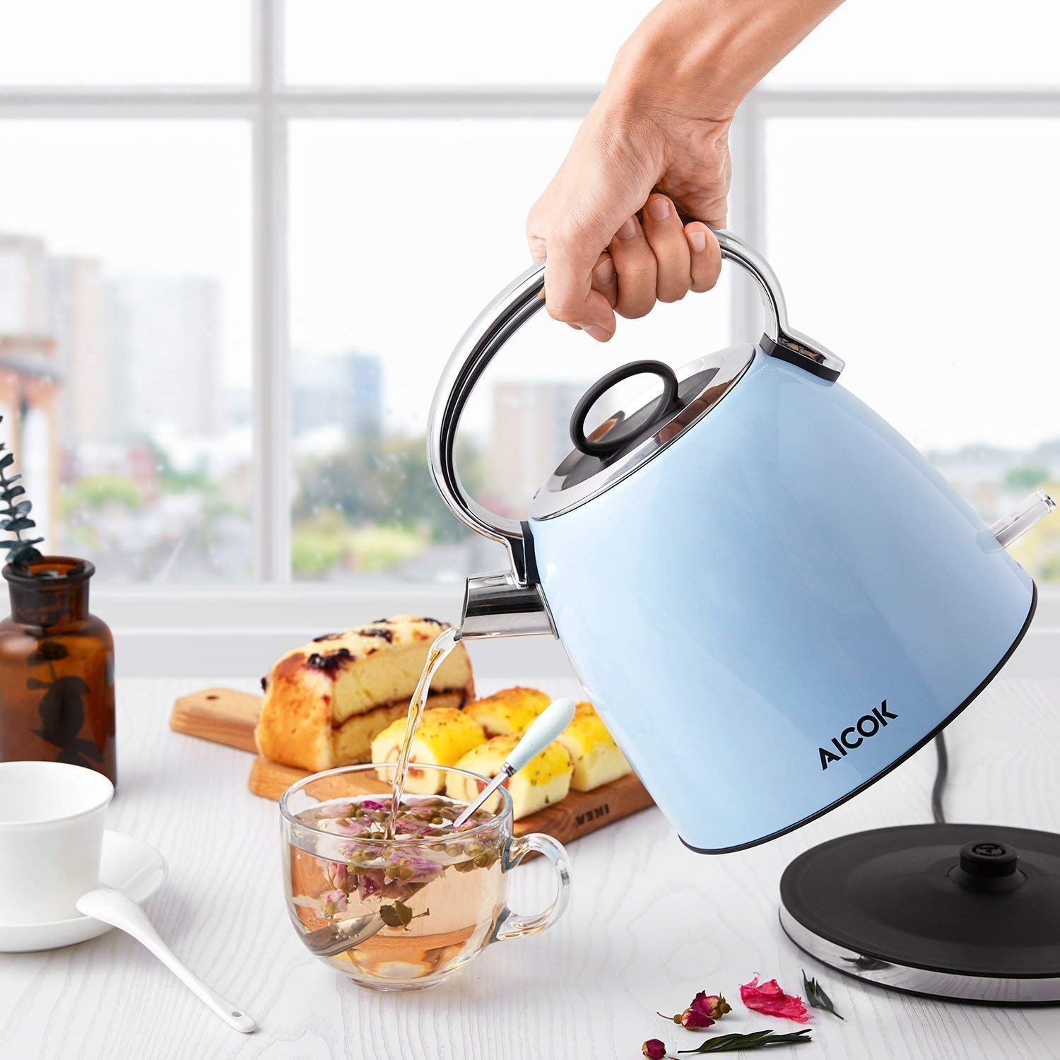 Electric Kettle, Aicok 3000W Fast Boil Tea Kettle, 1.7L Retro Dome Jug Kettle with Auto Off and Boil Dry Protection, 304 Stainless Steel Water Boiler with Anti-Fading PowderBlue Coating