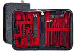 VIGOR PATH Manicure Set - Complete Stainless Steel Nail Clippers and Care Tools Set in Luxurious Leather Travel Case - Portable 26-Piece Travel Nail Kit (Black)
