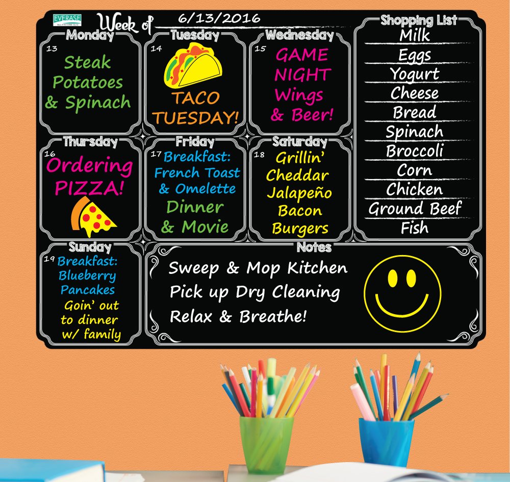 Everase Re-Stic Dry Erase Self-Adhesive Peel & Stick Blackboard Meal Planner | Weekly to Do List (12 x 16 in.) Free Marker & Cloth | Menu/Diet/Fitness Shopping List | Premium Quality Removable Decal