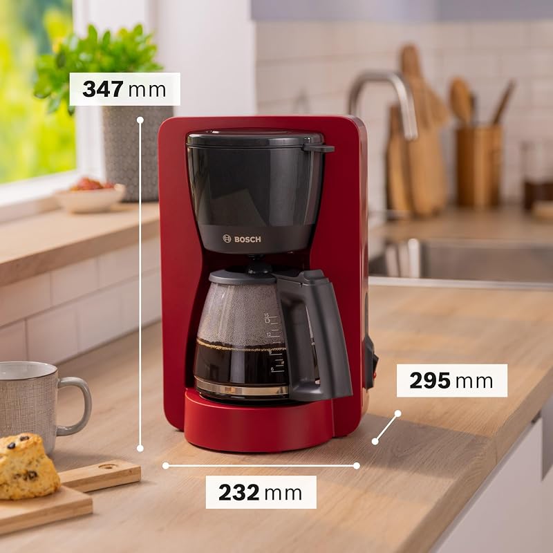 - Máquina de café de gotejamento, garrafa ergonómica de vidro, depósito de água removível, filtro removível, desligamento automático, antigotejamento, vermelho, TKA2M114