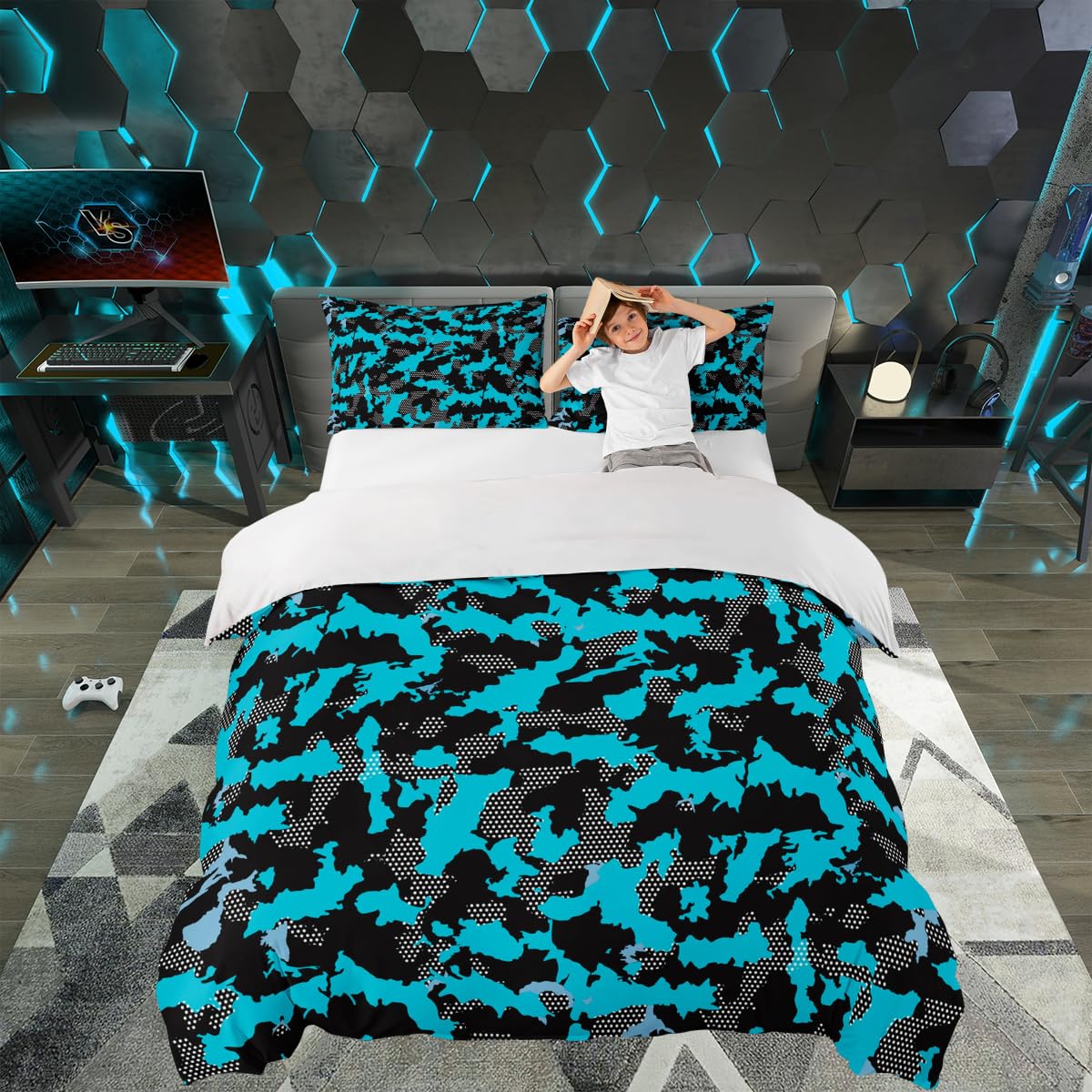 Kids Boys Camo Bedding Set Army Camouflage Comforter Cover for Girls Teens Youth Man Colorful Art Duvet Cover Black Teal 3Pcs Double Size