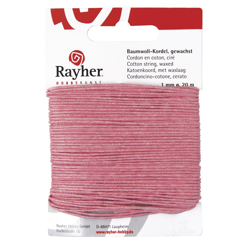 Rayher 5169133 Cotton Cord Waxed 1 mm Self-Service Card 20 m Pink
