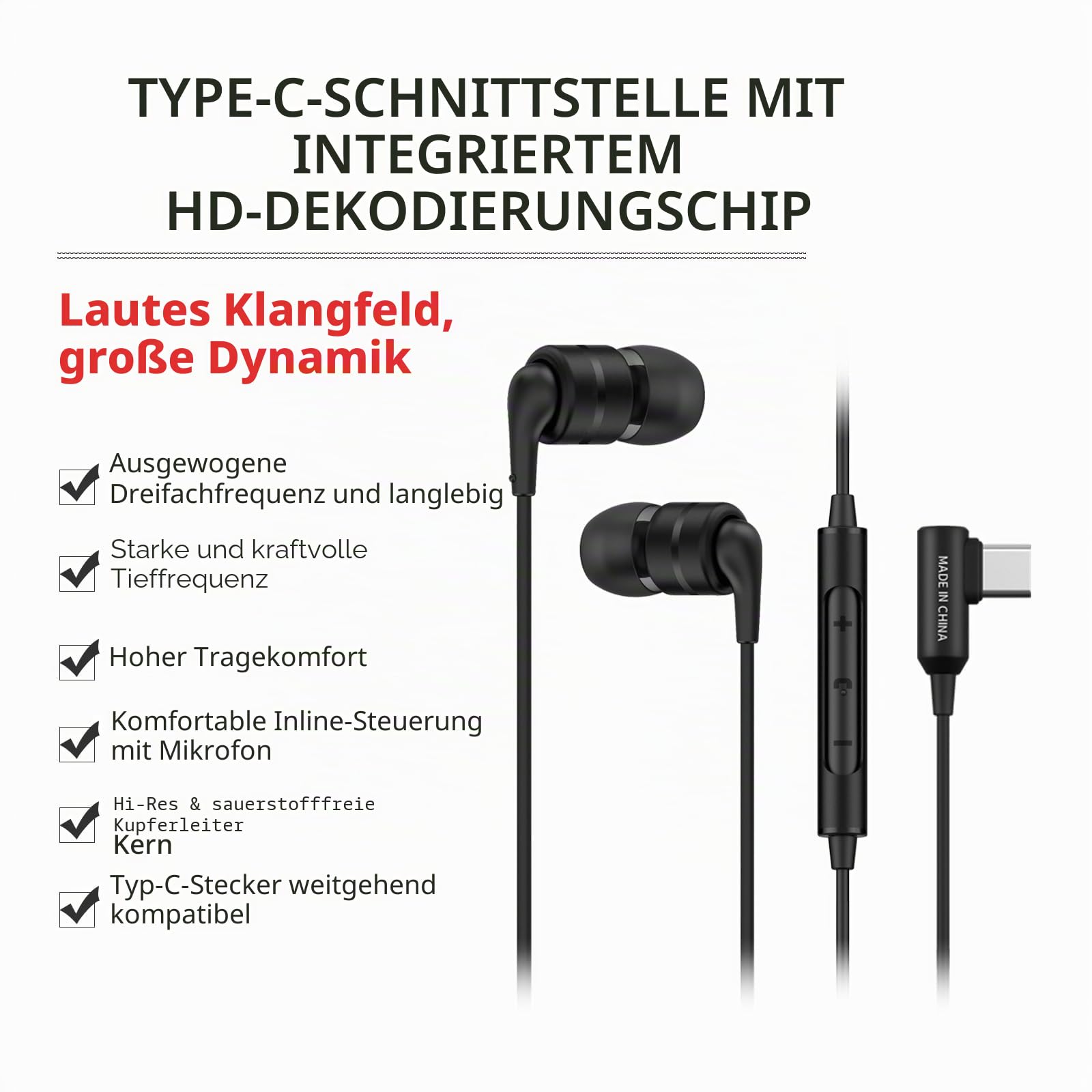 SoundMAGIC E80D USB-C In-Ear-Stereo-Kopfhörer, L-förmiger Stecker, Inline-Controller, Metallgehäuse, 10 mm dynamische Treiber, Wasser-/staubdicht, Schwarz 2