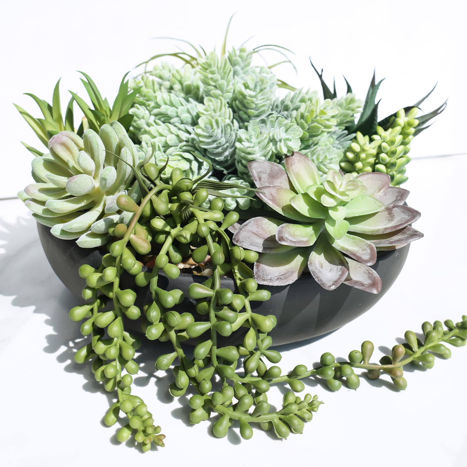 Photo 1 of Winlyn 9" Artificial Succulent Arrangement Succulent Plants in Black Round Planter Faux Potted Succulents for Home Office Bedroom Kitchen Bathroom Table Centerpiece Windowsill Shelf Mantel Decor