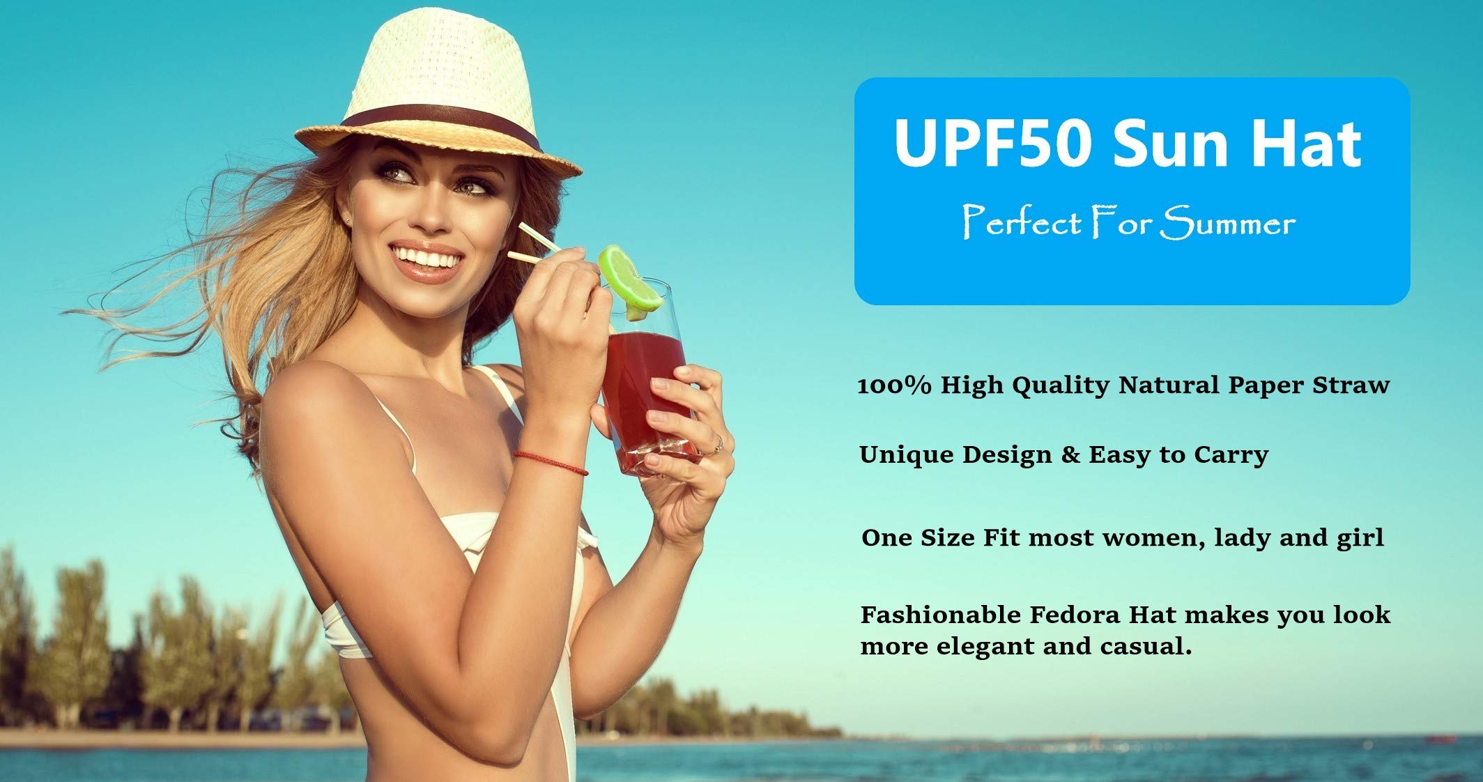 Women Wide Brim Straw Panama Roll up Hat Fedora Beach Sun Hat UPF50+ (Brown)