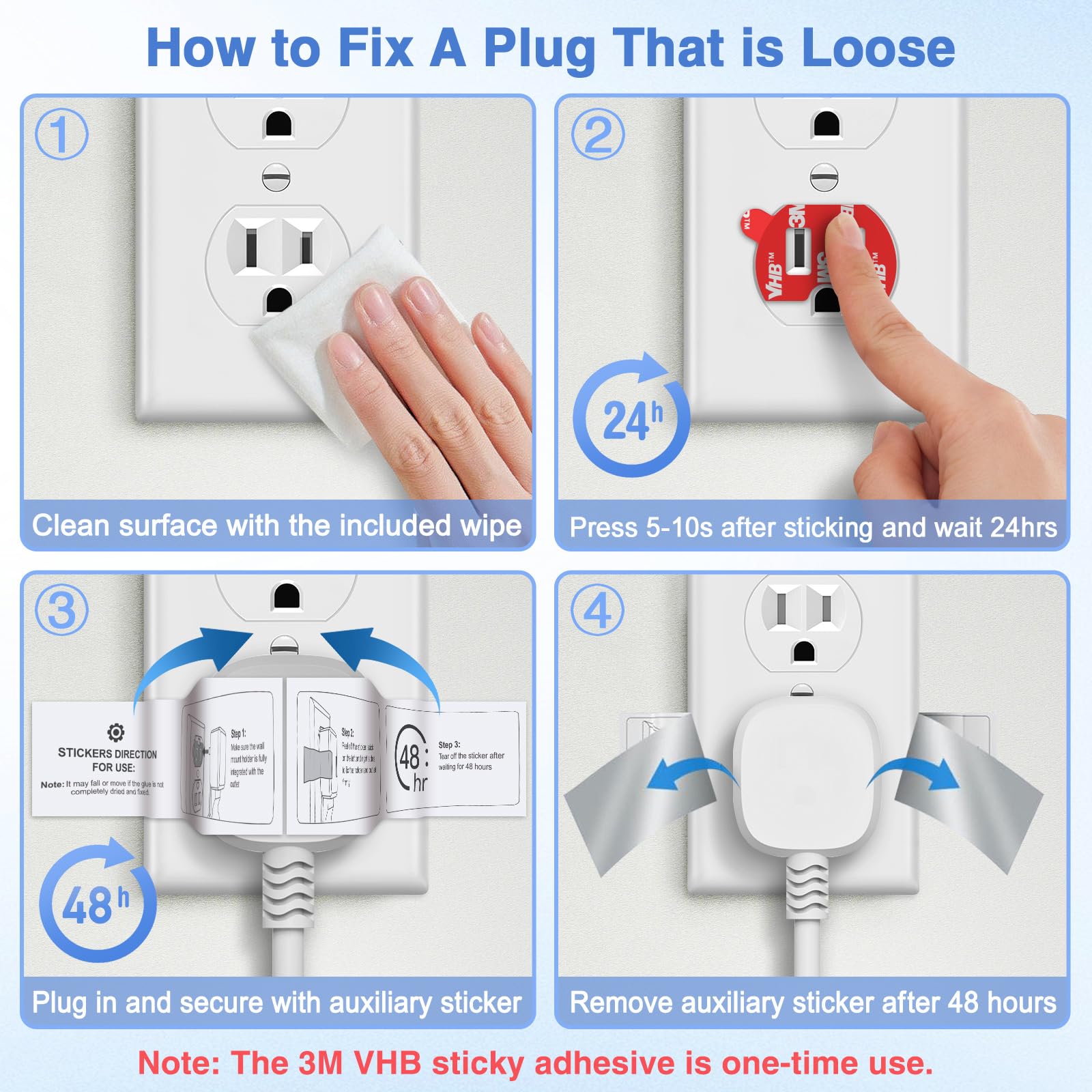 pop-tech Adhesive Stickers for Loose Outlet Plug: 12 Pcs Double Sided Tape Fix Fall Out Wall Socket - 3M Sticky for Smart Home Speaker Mount Holder WiFi Extender Electrical Multi-Outlets Power Adapter